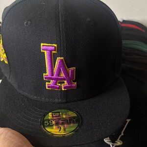 New Era Black LA Dodgers Fitted Cap with Purple & Yellow Embroidered Logo